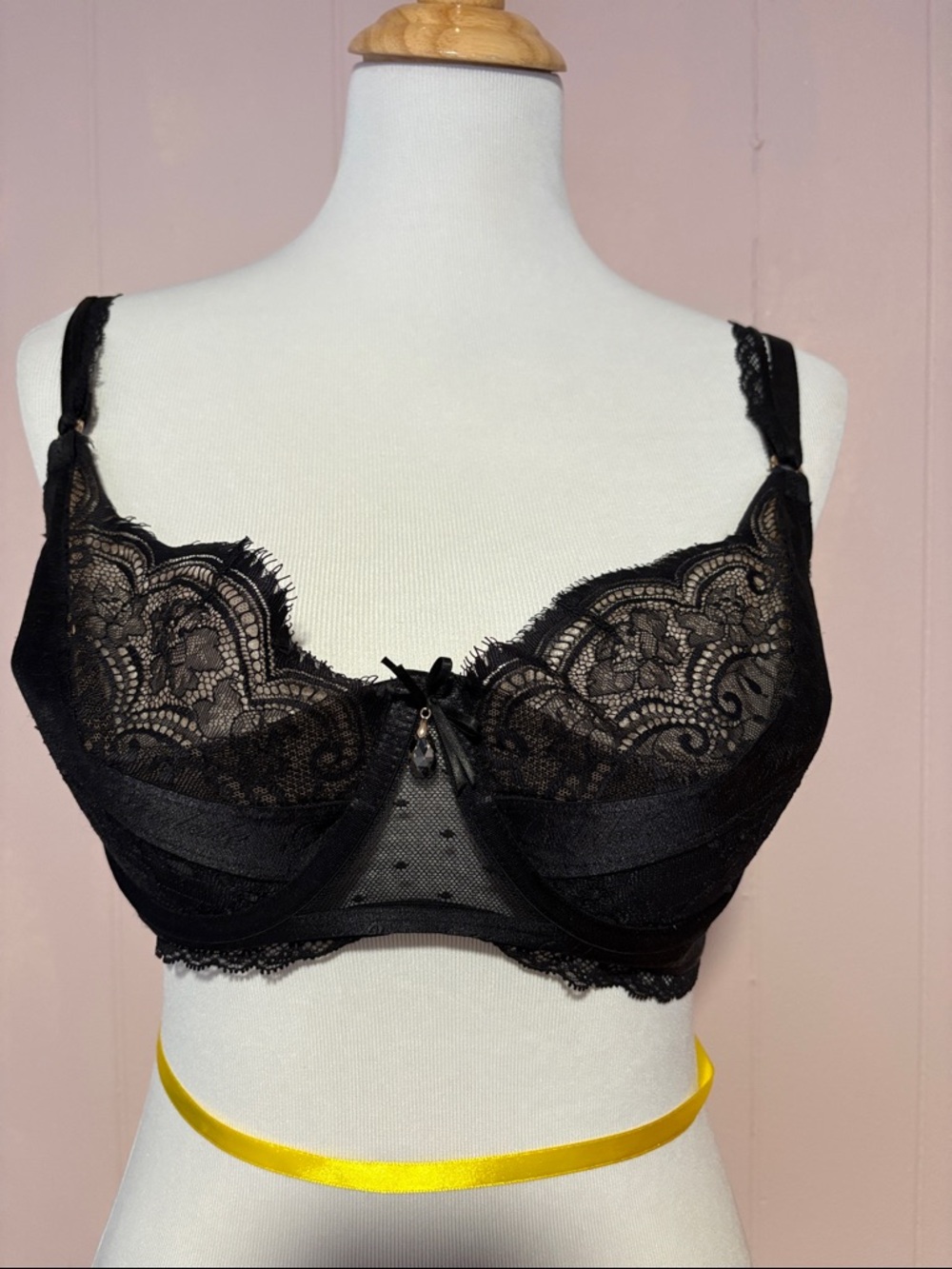 Honey Birdette Black Lace Underwire Bra with Bow & Charm